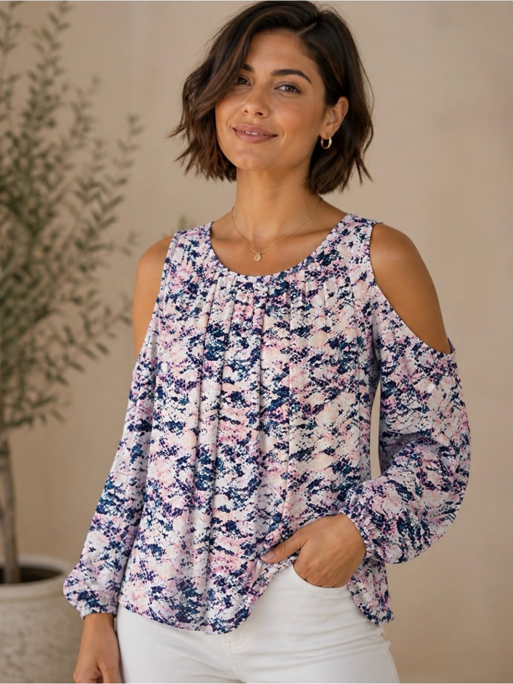 Amanda Uprichard Pink & Navy Snake Skin Design Cold-Shoulder Blouse